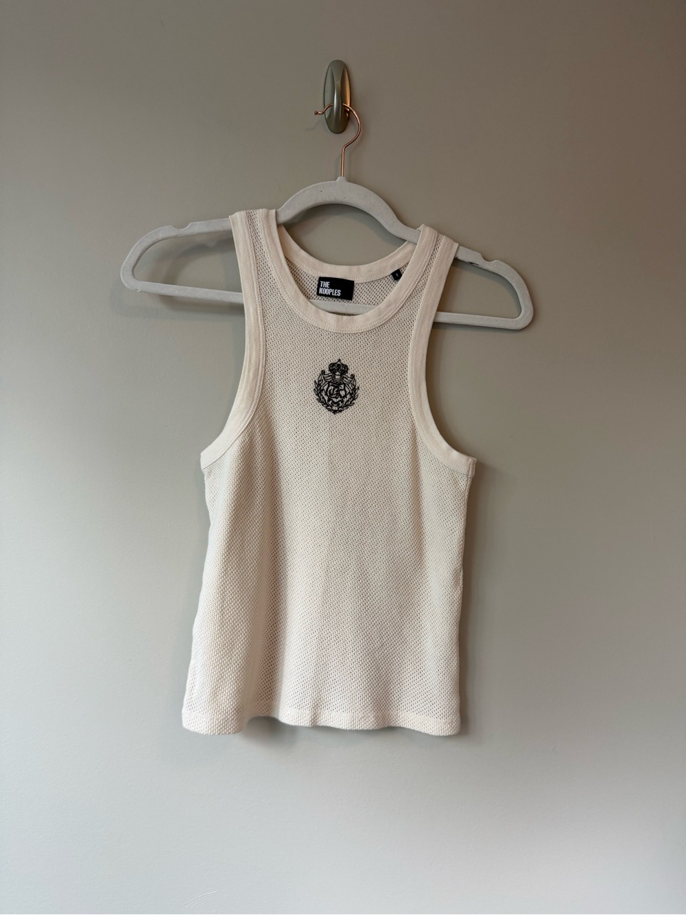 The Kooples White Mesh Crest Tank Top Sz 2 Crochet Knit Embroidered Logo Crew